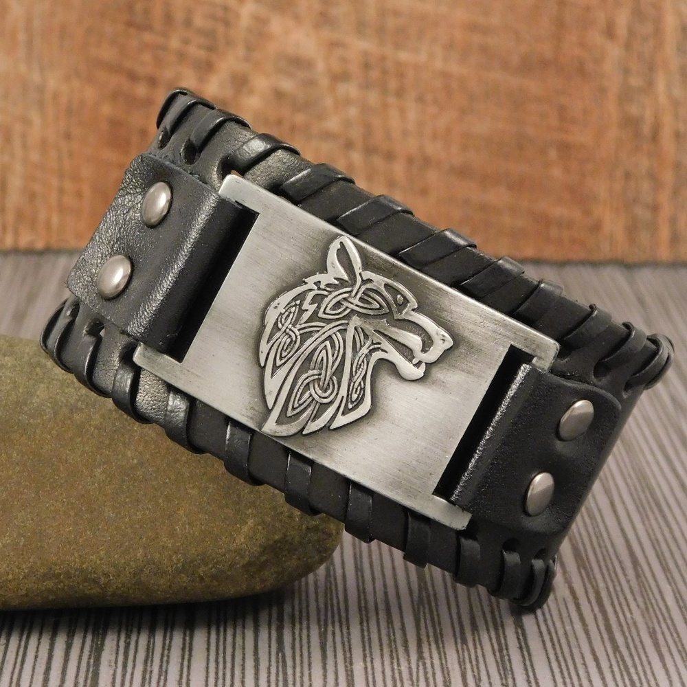Norse Fenrir Wolf Leather Cuff Bracelet